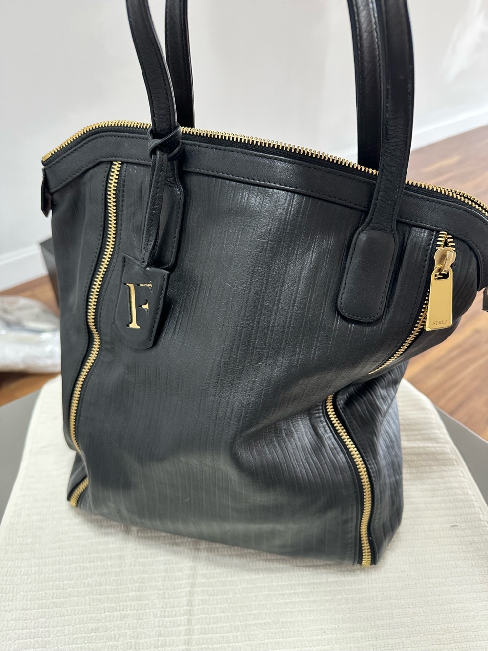 Furla Black Leather Tote with Gold Hardware